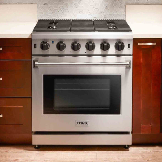 Thor Kitchen 4-Piece Appliance Package - 30-Inch Propane Gas Range, French Door Refrigerator, Wall Mount Hood, and Dishwasher in Stainless Steel - APR4-LRG30B-LP