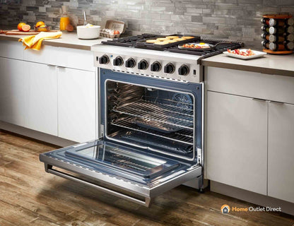 Thor Kitchen 4-Piece Appliance Package - 36-Inch Propane Gas Range, French Door Refrigerator, Dishwasher, and Microwave Drawer in Stainless Steel - APR4-LRG36-LP-MW