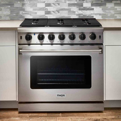 Thor Kitchen 4-Piece Appliance Package - 36-Inch Propane Gas Range, French Door Refrigerator, Dishwasher, and Microwave Drawer in Stainless Steel - APR4-LRG36-LP-MW
