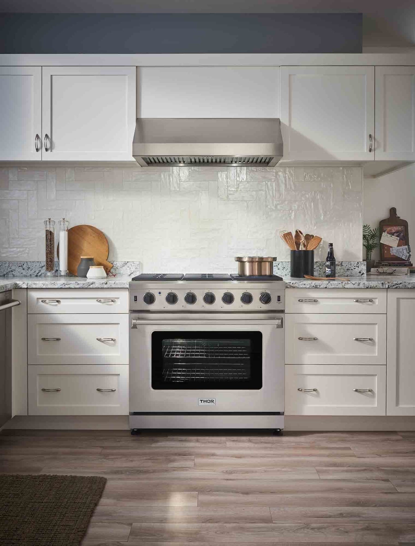 Thor Kitchen 4-Piece Appliance Package - 36-Inch Propane Gas Range, French Door Refrigerator, Dishwasher, and Microwave Drawer in Stainless Steel - APR4-LRG36-LP-MW