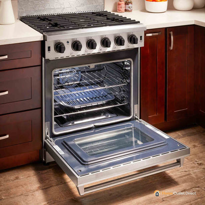 Thor Kitchen 5-Piece Appliance Package - 30-Inch Propane Gas Range, French Door Refrigerator, Wall Mount Hood, Dishwasher, and Microwave Drawer in Stainless Steel - APR5-LRG30B-LP