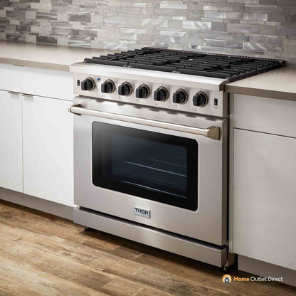 Thor Kitchen 5-Piece Appliance Package - 36-Inch Propane Gas Range, Refrigerator with Water Dispenser, Wall Mount Hood, Dishwasher, & Microwave Drawer in Stainless Steel - APW5-LRG36B-LP