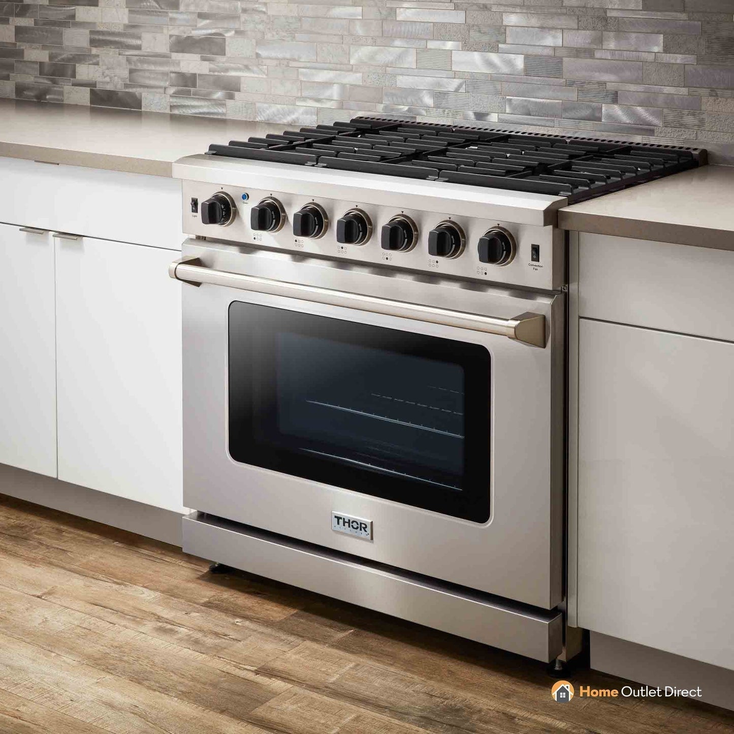Thor Kitchen 6-Piece Appliance Package - 36-Inch Propane Gas Range, Refrigerator with Water Dispenser, Wall Mount Hood, Dishwasher, Microwave Drawer, & Wine Cooler in Stainless Steel - APW6-LRG36B-LP