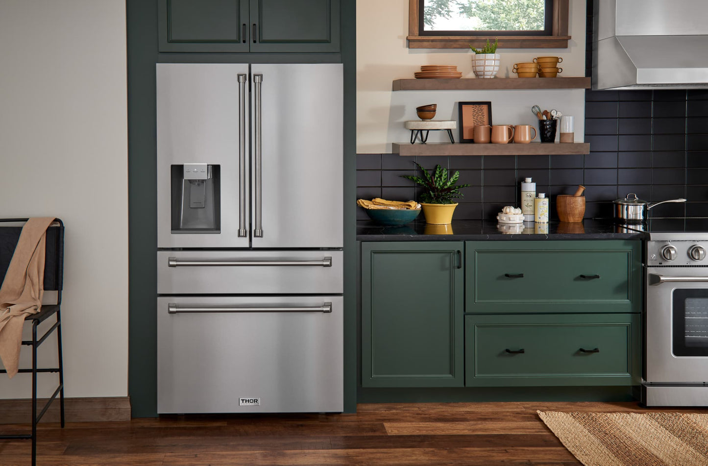 Thor Kitchen 6-Piece Appliance Package - 36-Inch Propane Gas Range, Refrigerator with Water Dispenser, Wall Mount Hood, Dishwasher, Microwave Drawer, & Wine Cooler in Stainless Steel - APW6-LRG36B-LP
