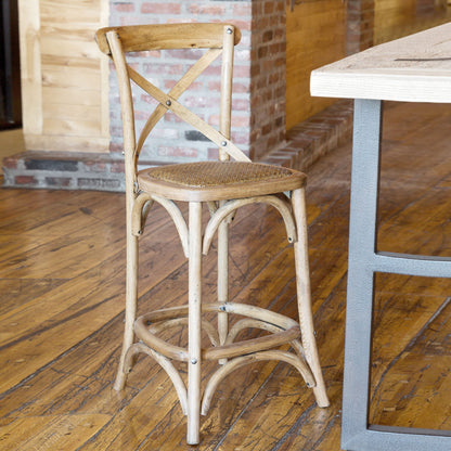 Park Hill Collection Wooden Cross Back Counter Stool - Rustic Aged Finish, Cane Woven Seat, Perfect for Farmhouse Decor - EFS81570