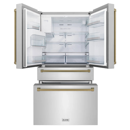 ZLINE Autograph Edition 4-Piece Appliance Package - 48-Inch Dual Fuel Range, Refrigerator with Water Dispenser, Wall Mounted Range Hood, & 24-Inch Tall Tub Dishwasher in Stainless Steel with Champagne Bronze Trim (4AKPR-RARHDWM48-CB)