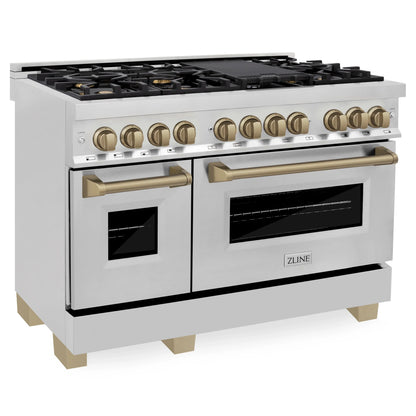 ZLINE Autograph Edition 4-Piece Appliance Package - 48-Inch Dual Fuel Range, Refrigerator with Water Dispenser, Wall Mounted Range Hood, & 24-Inch Tall Tub Dishwasher in Stainless Steel with Champagne Bronze Trim (4AKPR-RARHDWM48-CB)