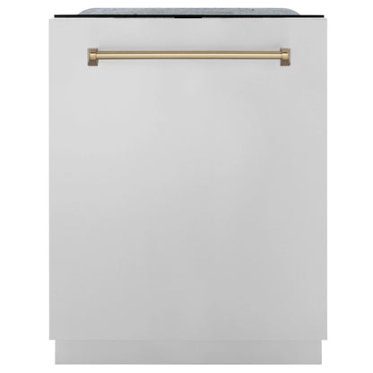 ZLINE Autograph Edition 4-Piece Appliance Package - 36-Inch Dual Fuel Range, Refrigerator with Water Dispenser, Wall Mounted Range Hood, & 24-Inch Tall Tub Dishwasher in Stainless Steel with Champagne Bronze Trim (4AKPR-RARHDWM36-CB)
