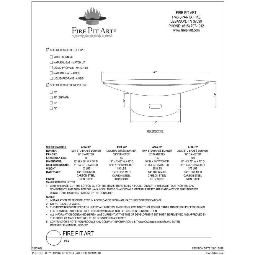 Asia Fire Pit Specifications