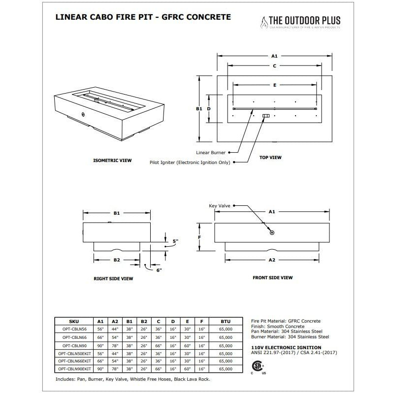 90" Cabo Linear Concrete Fire Pit Specs Sheet