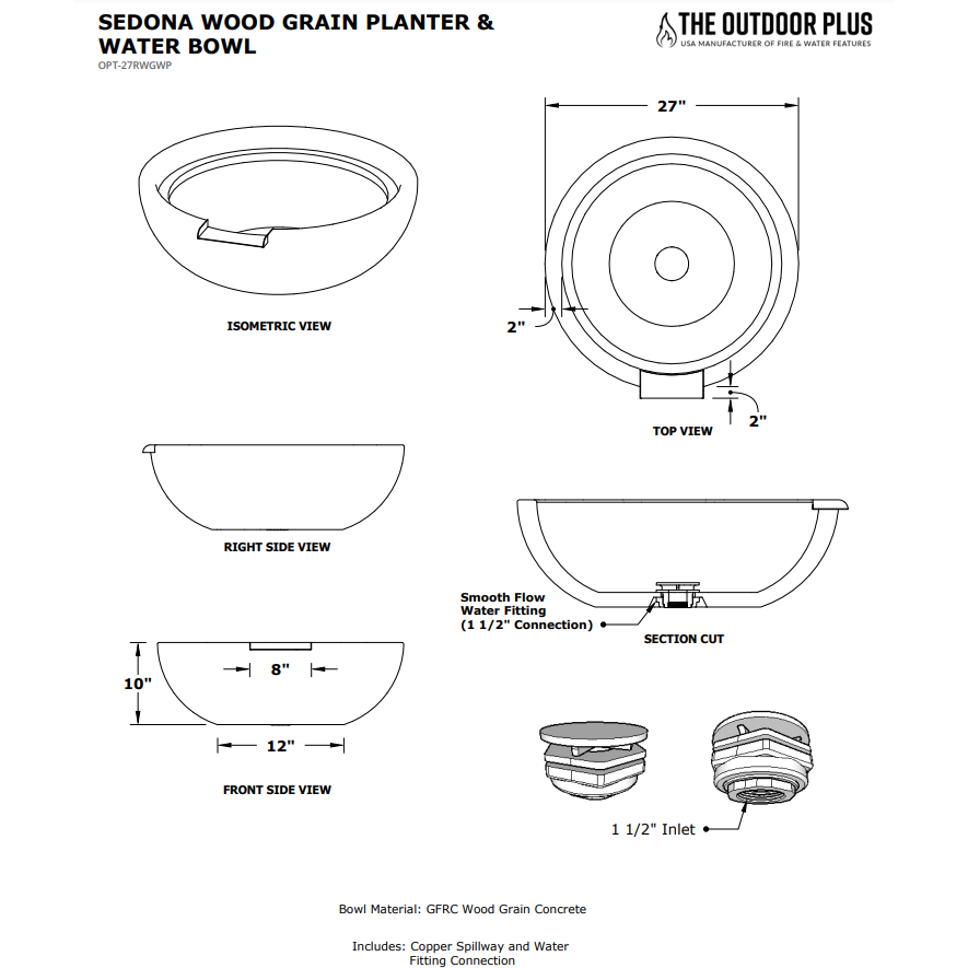 The Outdoor Plus Sedona Planter & Water Bowl-Wood Grain Concrete